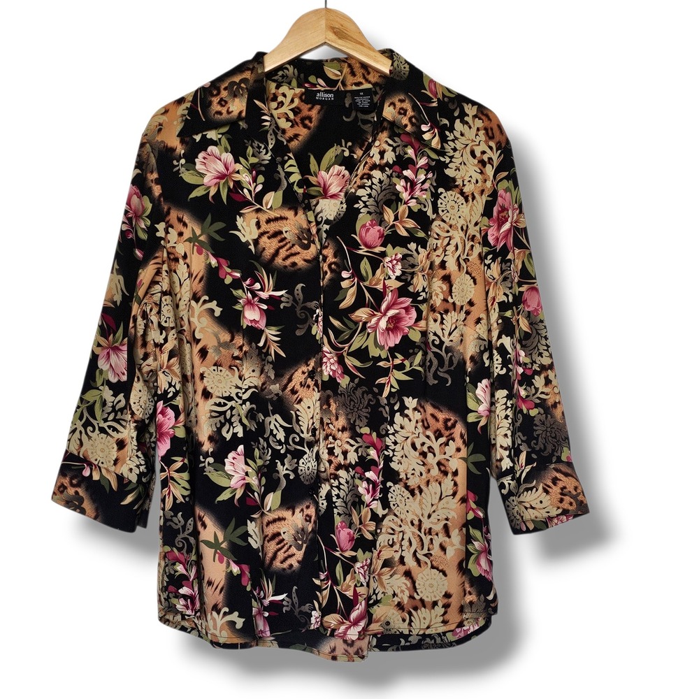 Allison Morgan Blouse 1X Womens Black Dark Floral Leopard Print Button Up Fall